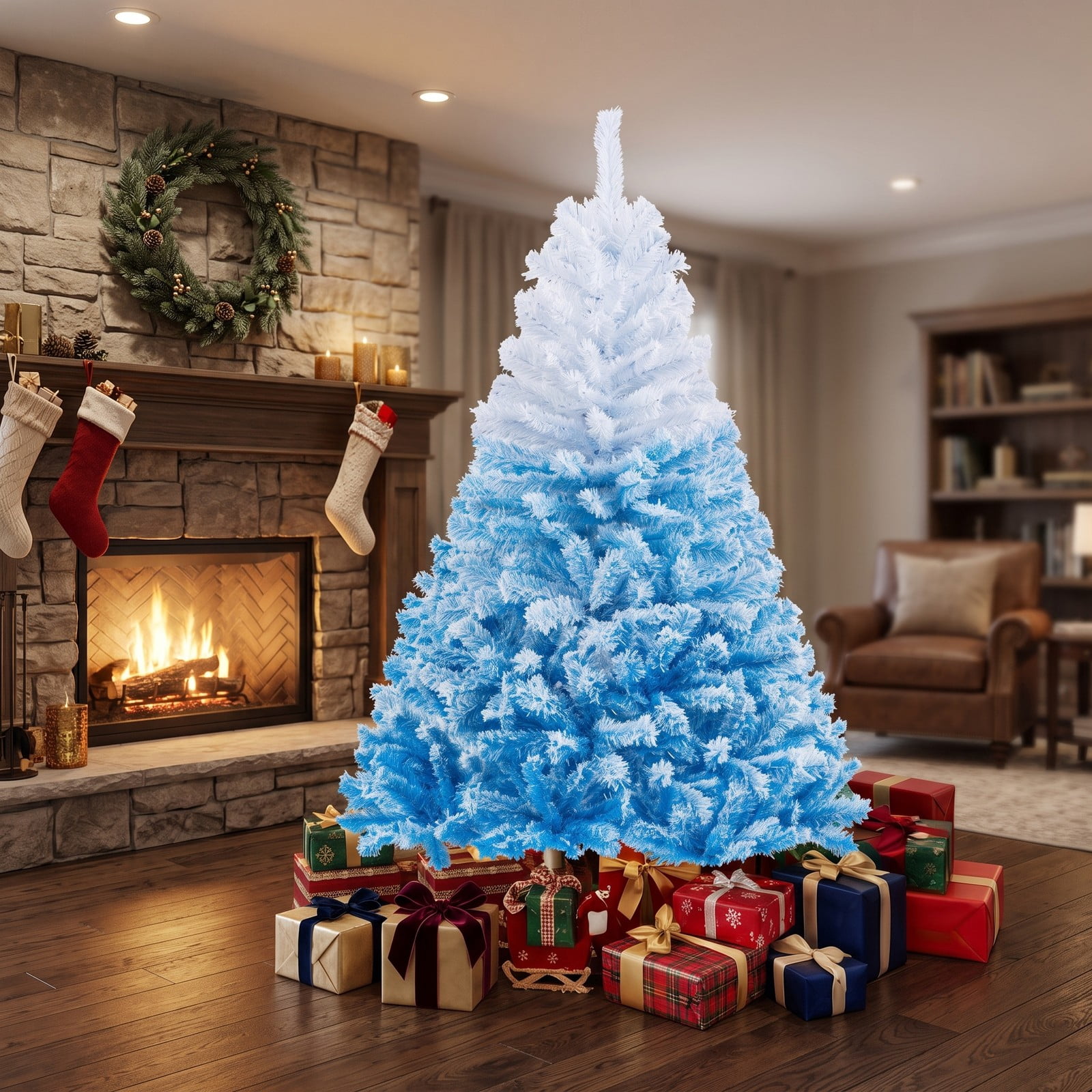 RUIE 5FT Artificial Christmas Tree, 456 Branch Tips Snow-Flocked Gradient Pine Xmas Tree with Folding Metal Stand for Home Office Holiday Decor, White & Blue