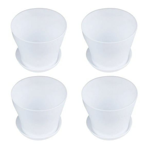 4X Plastic Plant Flower Pot Planter with Saucer Tray Round Gloss Home Garden Decor, White Upper - 14cm/5.51inch