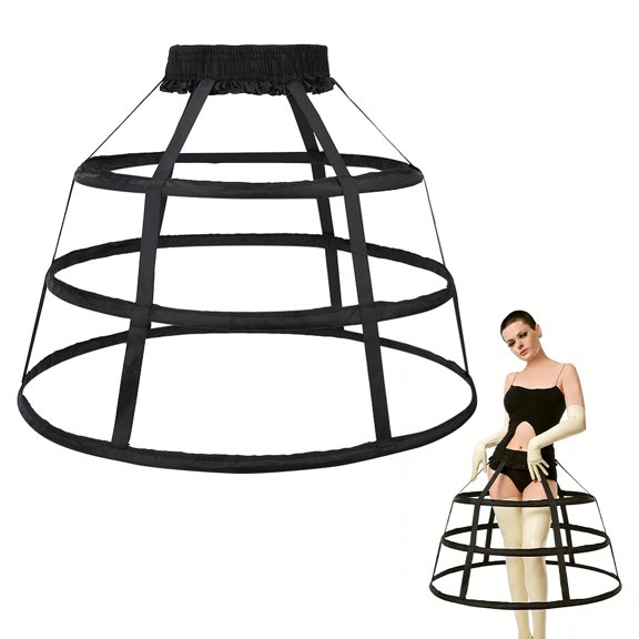 Polyester & Steel 3 Hoops Petticoat Crinoline Fishbone Hollow Bird Cage Skirt Black 500~520x550mm