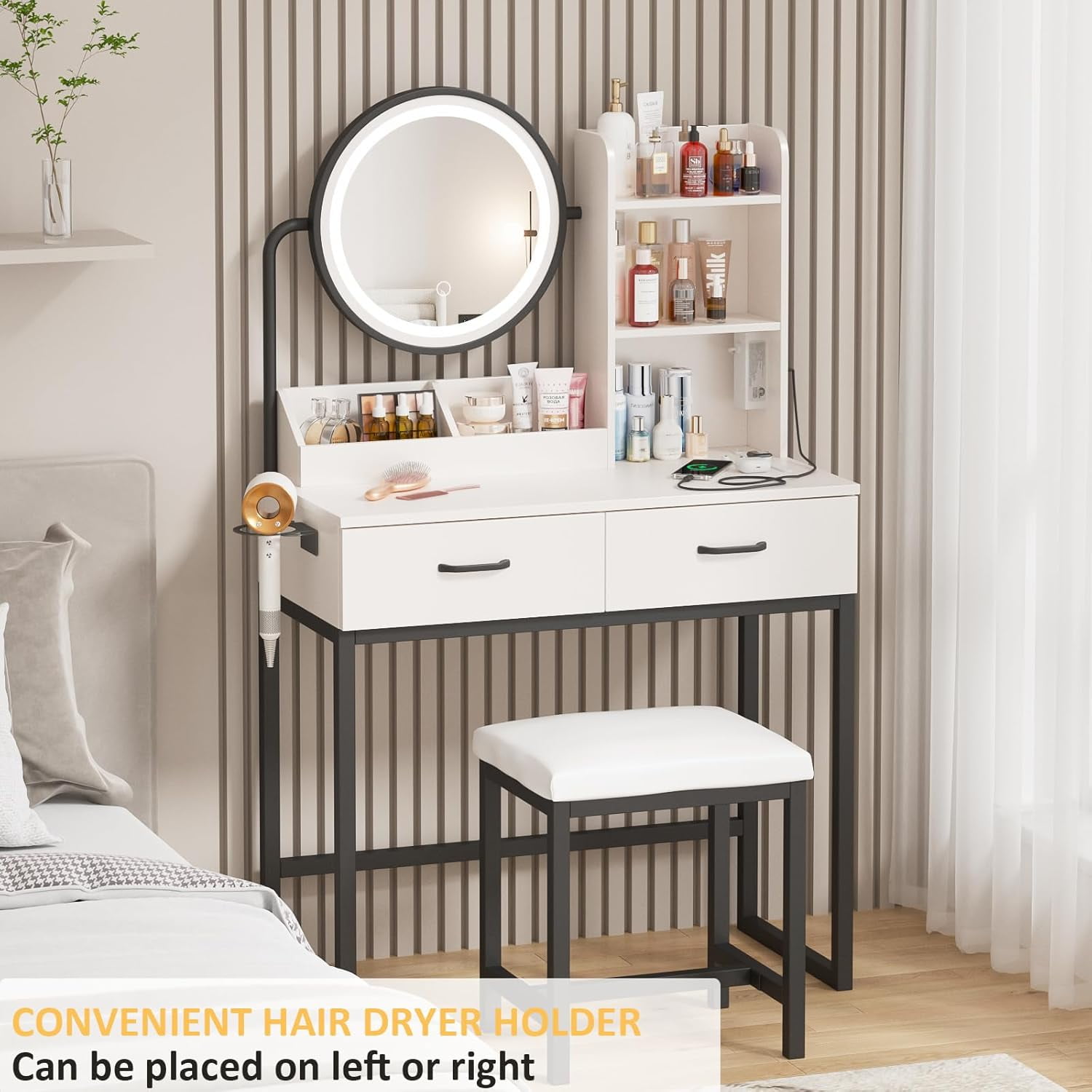 VEANERWOOD Makeup Vanity with Round Mirror and Lights, White Vanity Makeup Table with Charging Station, Small Vanity Table for Bedroom, 3 Lighting Modes, 31.5in(L)