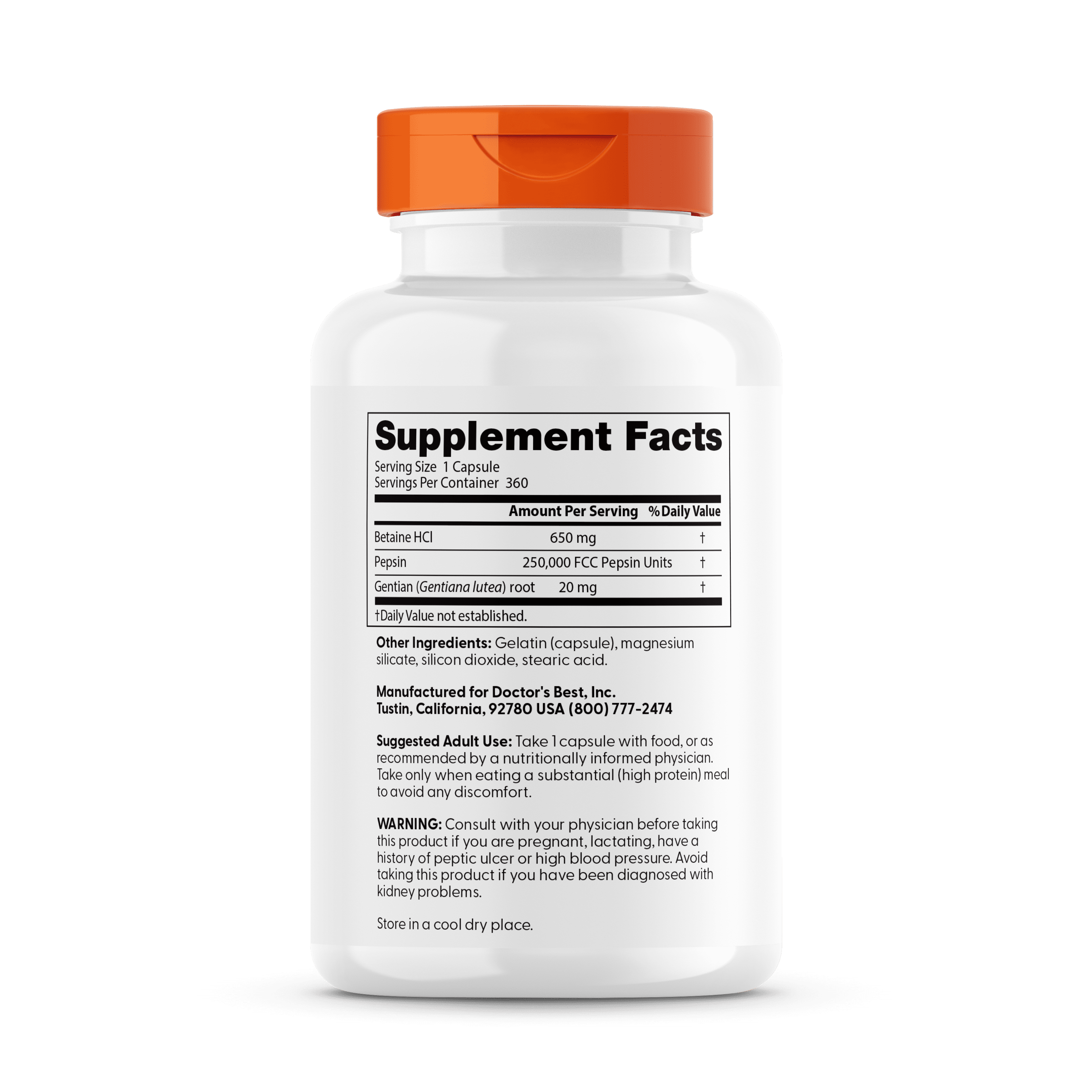 Doctor's Best Betaine HCI Pepsin and Gentian Bitters, Non-GMO, Gluten Free, Digestion Support, 360 Caps