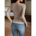 thumbnail image 5 of Women'S Long Sleeve Shirts Casual Square Neck Tops Slim Fit Rib Knit Basic Tee Summer Clothes Khaki S, 5 of 9
