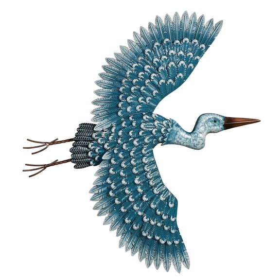 Heron Journey Coastal Metal Wall Sculpture in Handpainted Bold Blue Hues with Bronze