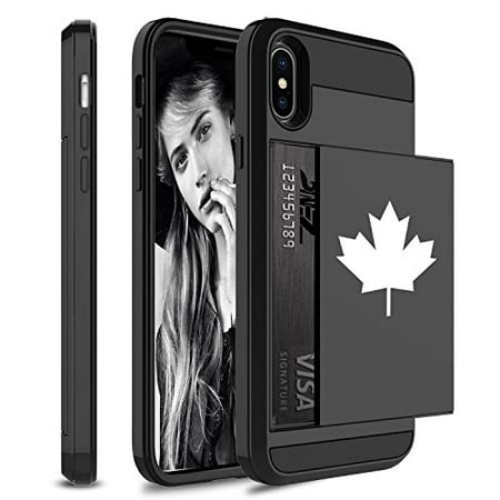 Wallet Credit Card ID Holder Shockproof Protective Hard Case Cover for Apple iPhone Maple Leaf Canada (Black, for Apple iPhone