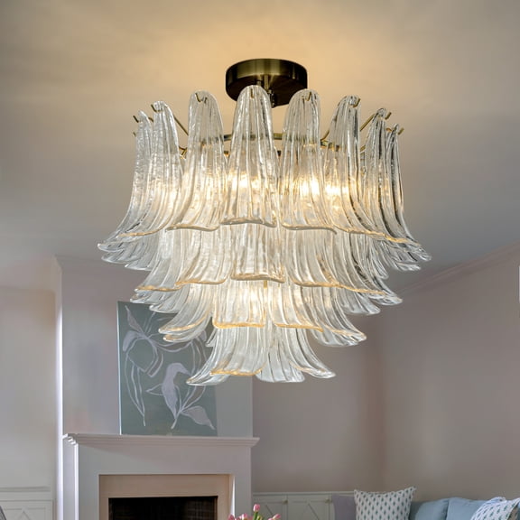W24 in 5-Light Vintage Mid-Century Modern Close to Ceiling Light 4-Tier Clear Art Glass Glam Flush Mount Ceiling Light in Antique Bronze for Living Room  Dining Room