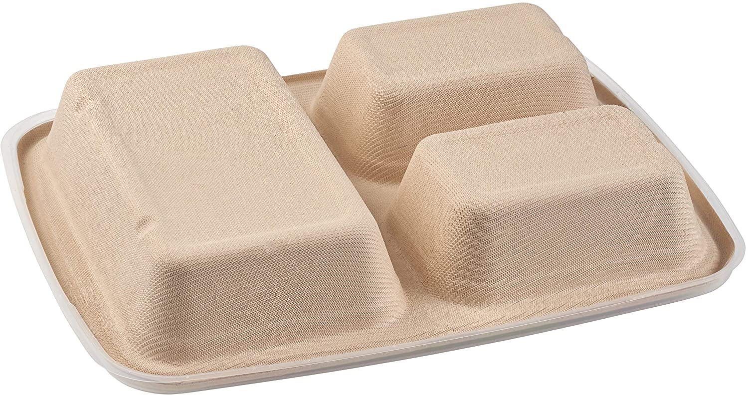 [1000 Pack] 33 oz Compostable 3 Compartment Food Trays with Pulp Fiber Lids  - Unbleached, Sugarcane, Plant Fiber, Heavy Duty, Microwavable