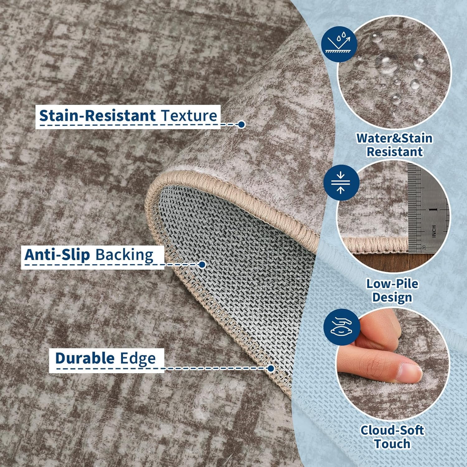 Memoryfield 8' x 10' Washable Area Rug, Stain-Resistant Low Pile Non Slip Carpet, Floor Mat for Living Room Bedroom Home Office, Brown