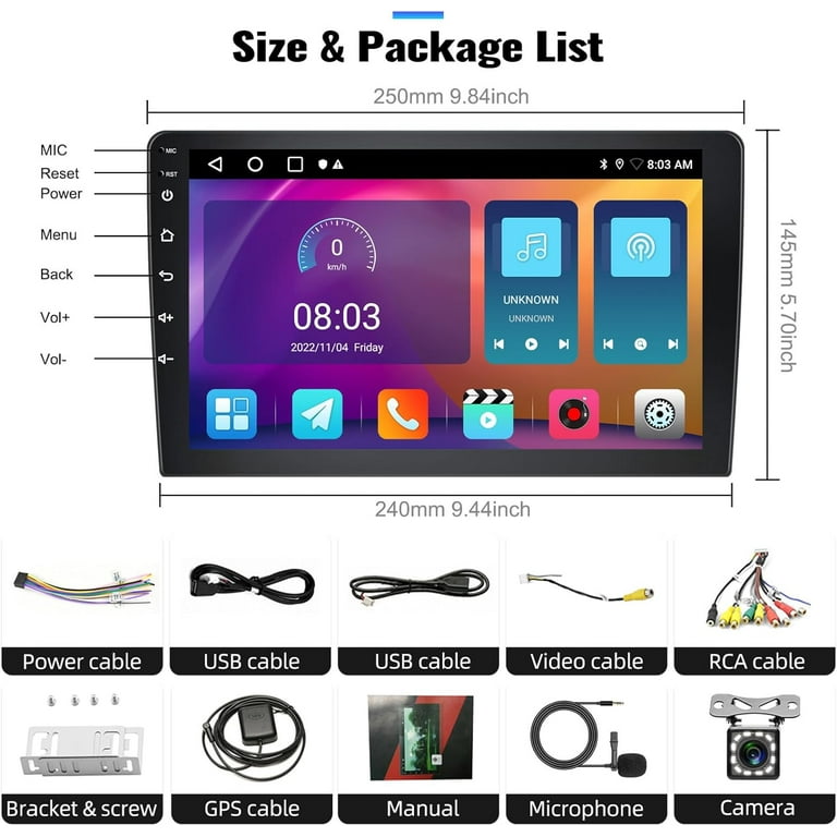1G+32G Android Single Din Car Stereo Detachable Touchscreen, Rimoody 10.1  Inch 1 din Car Radio with Bluetooth GPS WiFi FM Mirror Link USB + Backup