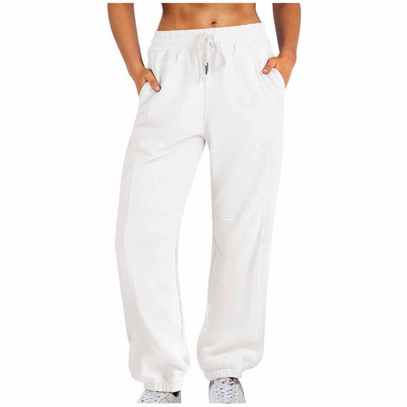 Womens Fashion Sweatpants Baggy Loose Mid Rise Fleece Workout With Pockets Active Long Jogger White Sweatpants Pants Long Pants (L)