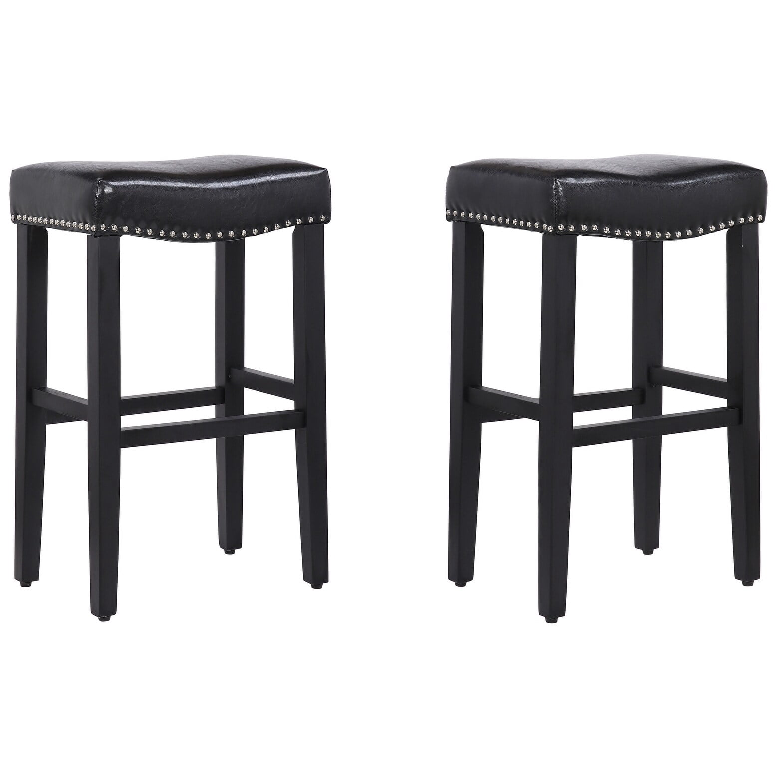 Westin Outdoor Yazan 29" Upholstered Counter Stool with Nail Head Trim (Set of 2), Black/Leather