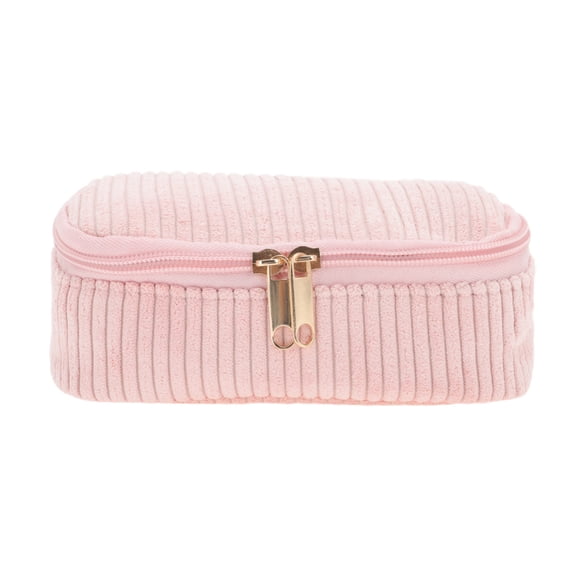Unique Bargains 1 Pc Multi-functional Square Stripes Makeup Bag for Travel Pink Corduroy