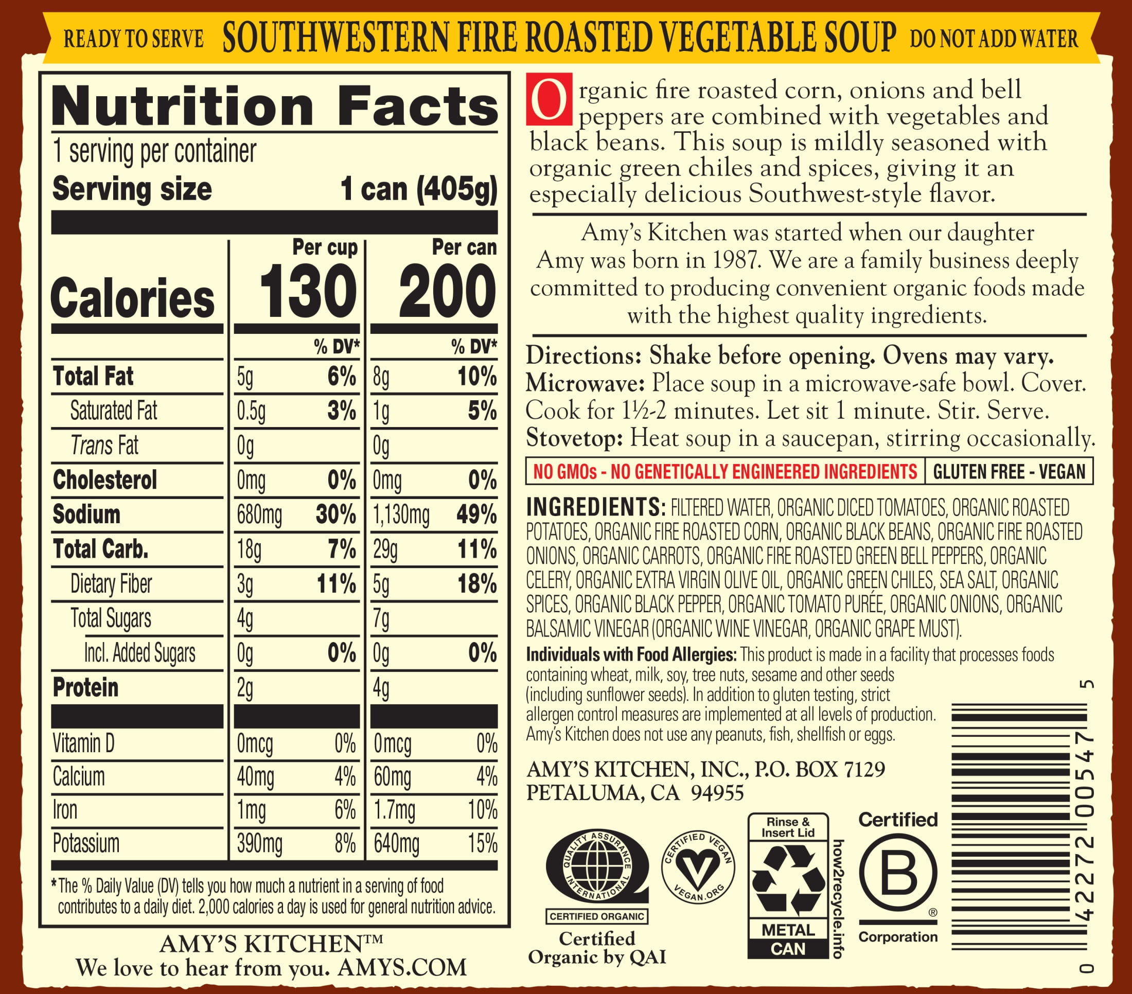 Amy's Organic Fire Roasted Southwestern Vegetable Soup 14.3 oz
