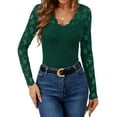 thumbnail image 3 of Women'S Floral Embroidery Mesh Lace V Neck Long Sleeve Top Dark Green S, 3 of 9