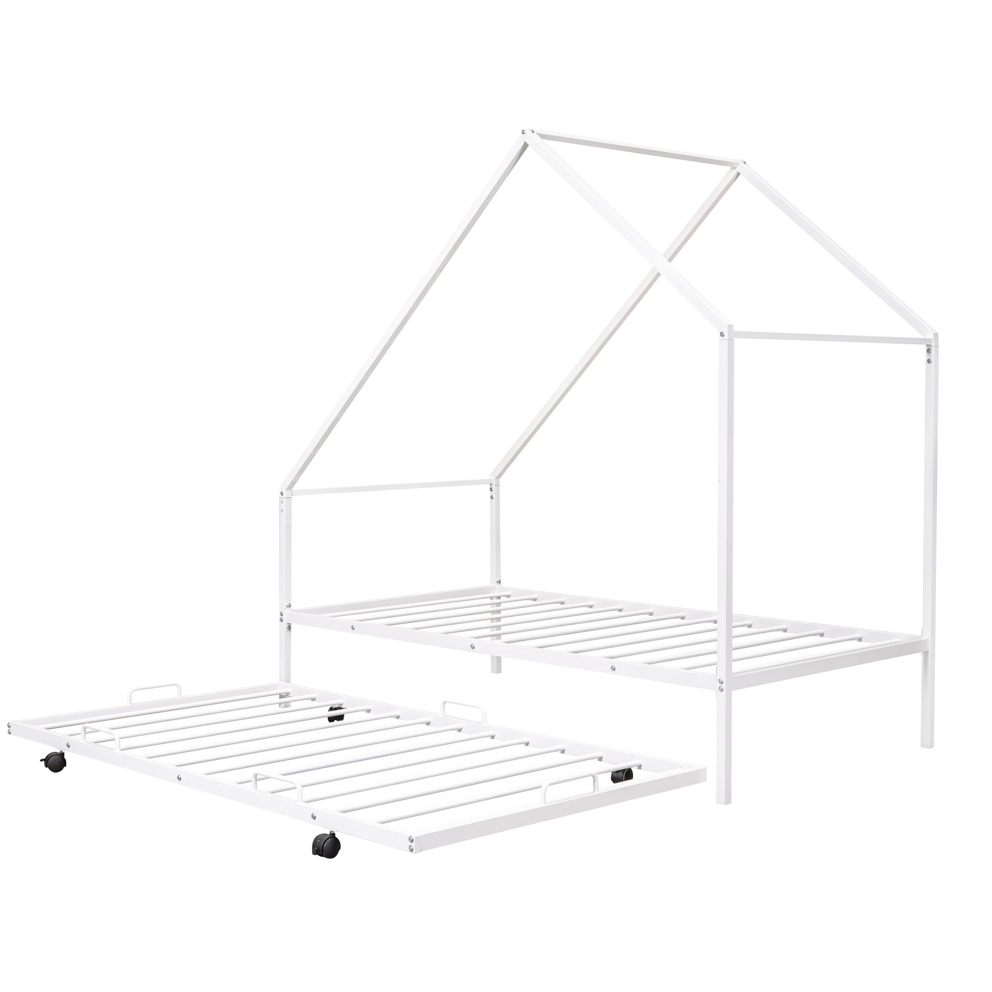 Gewnee Metal House Bed With Trundle,Kids Twin Size House-shaped Platform Bed Frame,White