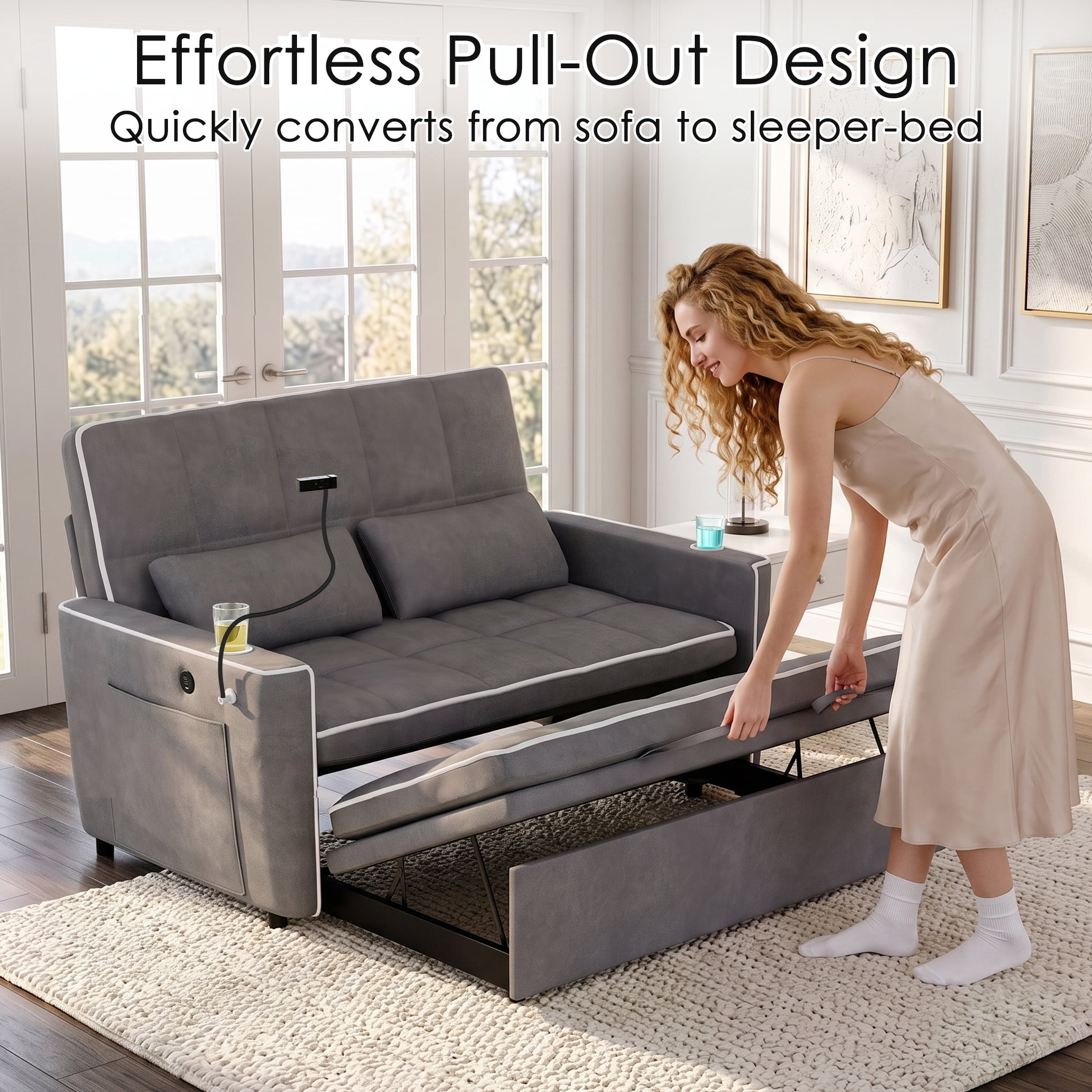 AISWORD 54" Convertible Sleeper Sofa Bed, Pull Out Loveseat Couch with USB Port, Phone Holder & Cup Holder, Adjustable Backrest for Apartment, Living Room, Office, Dark Gray