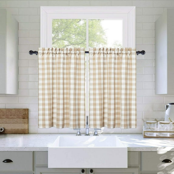 Plaid Gingham Window Curtains, Set of 2, Taupe/White, 27"W x 30"L