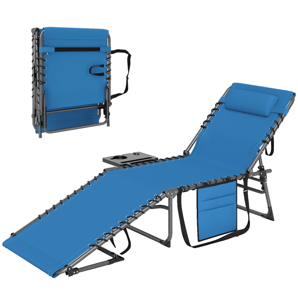 Outdoor Folding Sun Lounger 5-Position Adjustable Recliner with Padded Headrest, Side Pocket & Tray Table, 600D Oxford Fabric, Heavy-Duty Pool & Beach Chair