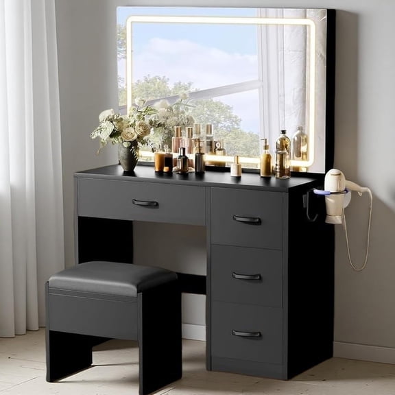 Makeup Vanity with Large Mirror and LED Lights, Vanity Desk Set with Power Outlet & Chair & Dressing Table Stool Set for Dressing Room, Pearl White