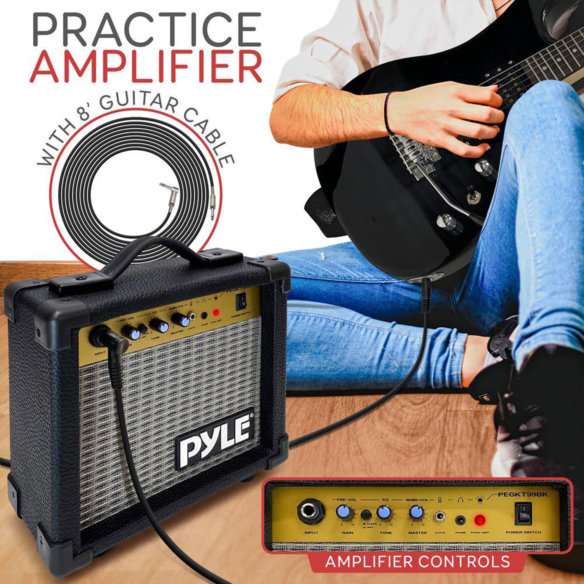 Pyle 39" Beginner Electric Guitar Kit W/ Amp, Full Size Instrument W/ Amplifier & Accessories BLACK