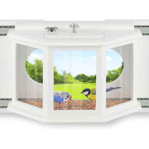 SNYNUXX Wooden Window Bird Feeder with Lock, Bird Feeder with 180° Clear View, in Window Bird Feeder with Easy-Refill Top, Easy to Assemble,Ideal Gift for Bird Lovers, White