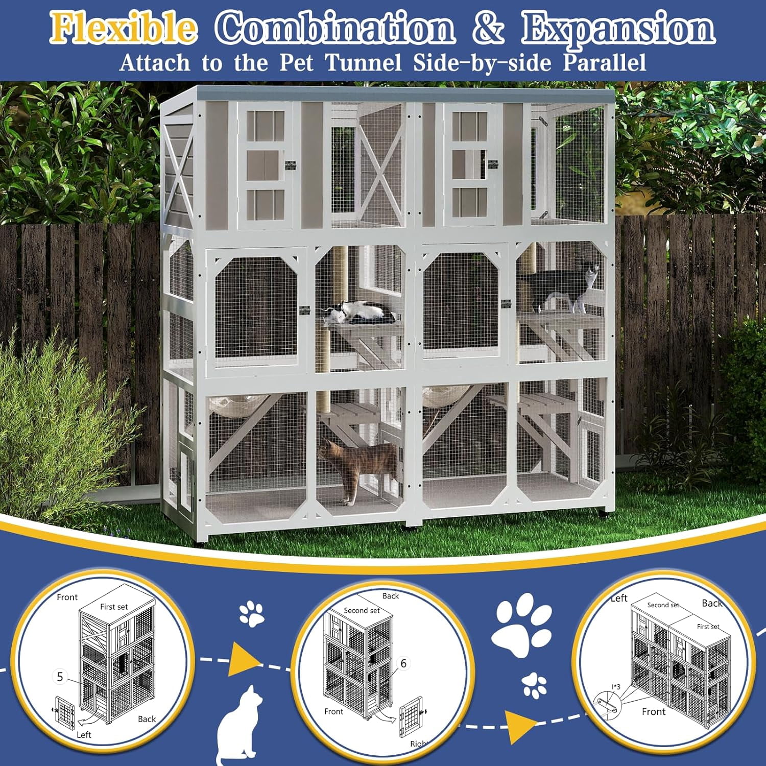 64" Large Wooden Catio Outdoor Cat Enclosure, Window Cat House with Wheels & 3 Platforms, Kitty Cage with Weatherproof Roof for Multiple Cats (Gray)