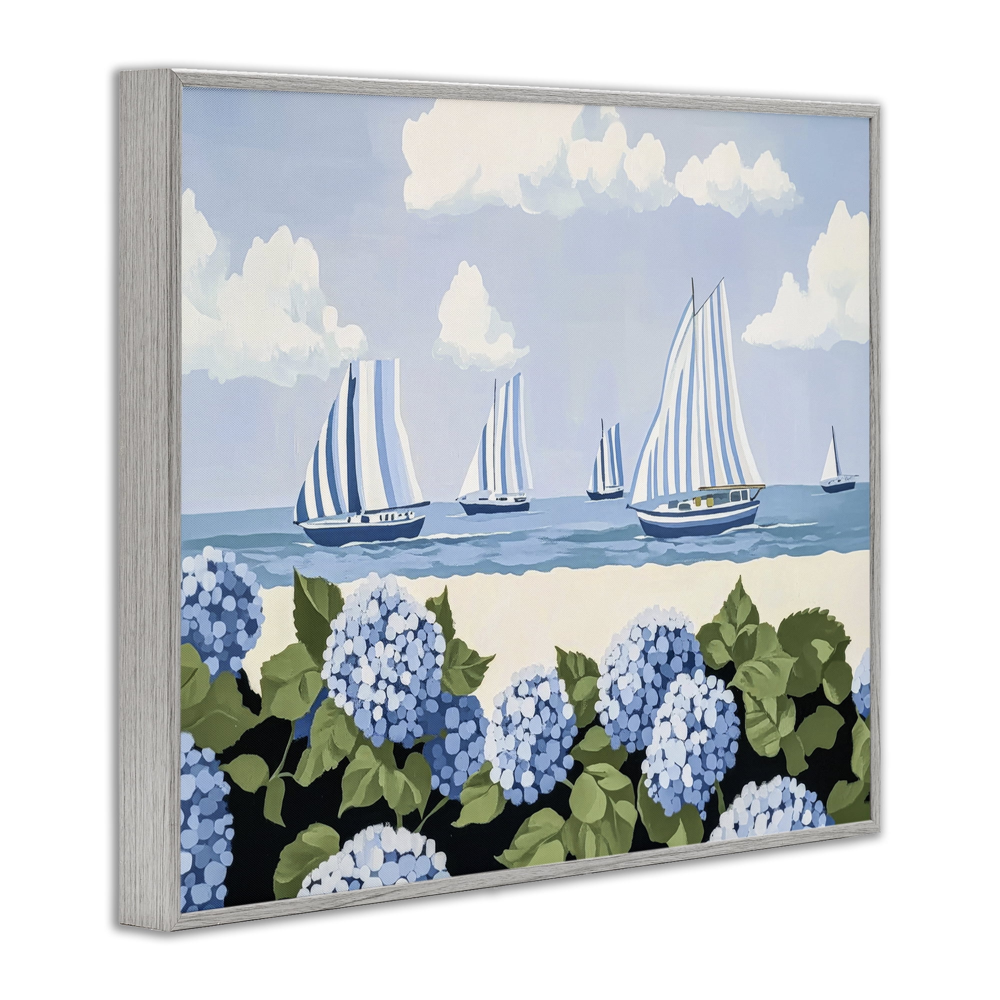 Stupell Industries Striped Sails & Seaside Hydrangeas Gray Framed Giclee Art, design by Sisi and Seb
