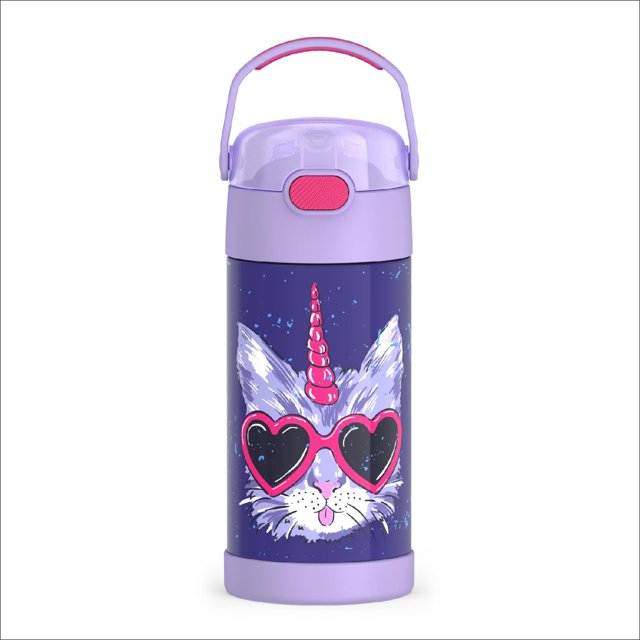 THERMOS FUNTAINER - Botella de agua con pajita - 12 onzas - Botella de agua aislada al aspiradora para niños con tapa, color cáticornio fresco,Cool Caticorns