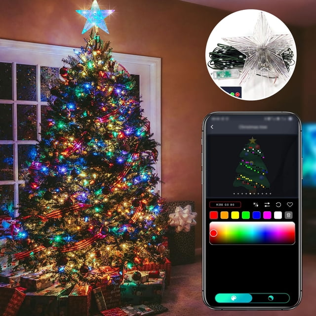 Christmas Star Tree Topper Lights Smart LED Strip Lights 32.8ft Smart Leather Line Bar 15 Million Colors with App Control and Music Sync LED Lights for Bedroom Kitchen TV Party(Without Battery )