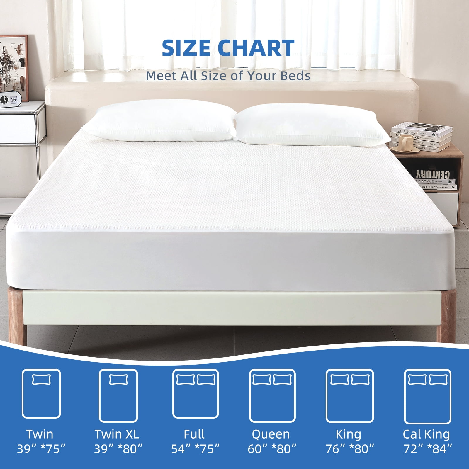 Queen Size 100% Waterproof Mattress Protector, Cooling Bamboo Mattress Cover Fitted 8"-21" Deep Pocket, 3D Air Fabric Soft Breathable bed Mattress Pad Cover Noiseless Washable (White, Queen)