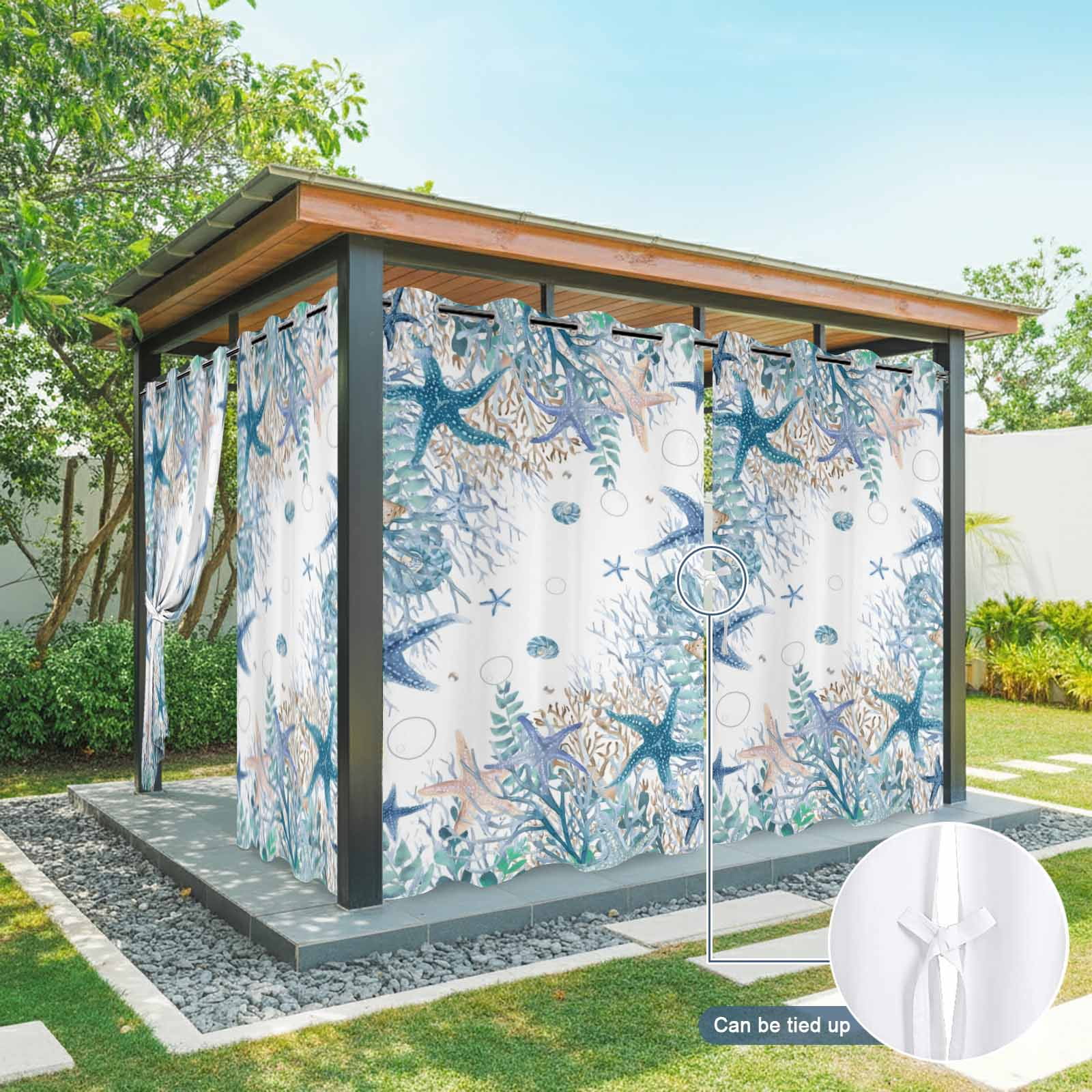 Summer Marine Life Outdoor Curtains for Patio, Watercolor Blue Starfish Ocean Bubble Coral Sunshade Privacy Drapes Grommet Waterproof Outside Curtains for Porch/Cabana/Balcony 54"x 108", 1 Panel