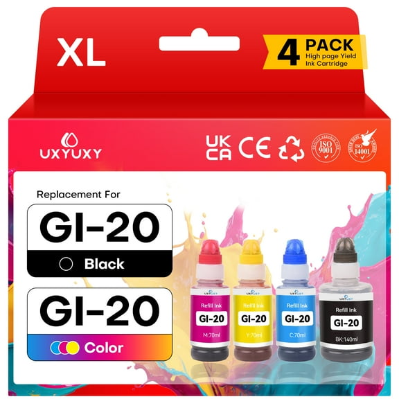 GI 20 Ink for Canon GI-20 GI20 Ink Bottles for PIXMA G6020 GGI-200 G7020 MegaTank Printers (Black, Cyan, Magenta, Yellow, 4Pack)
