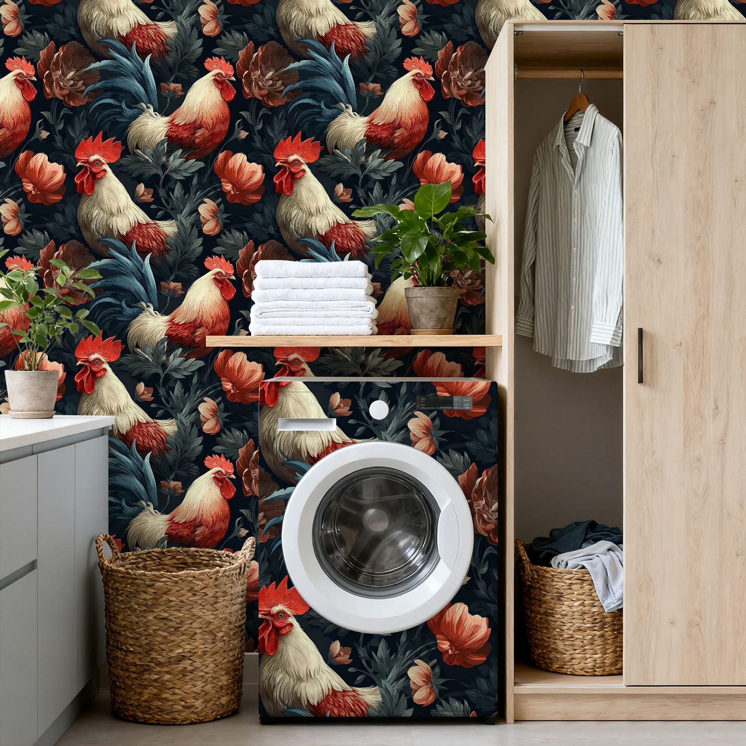 Chicken Peel and Stick Wallpaper Roosters Floral Vintage Botanical Style Wall Mural 17.7in x 9.8ft Self Adhesive Removable Wall Paper Renter Friendly Wallpaper for Nursery Bedroom Cabinets