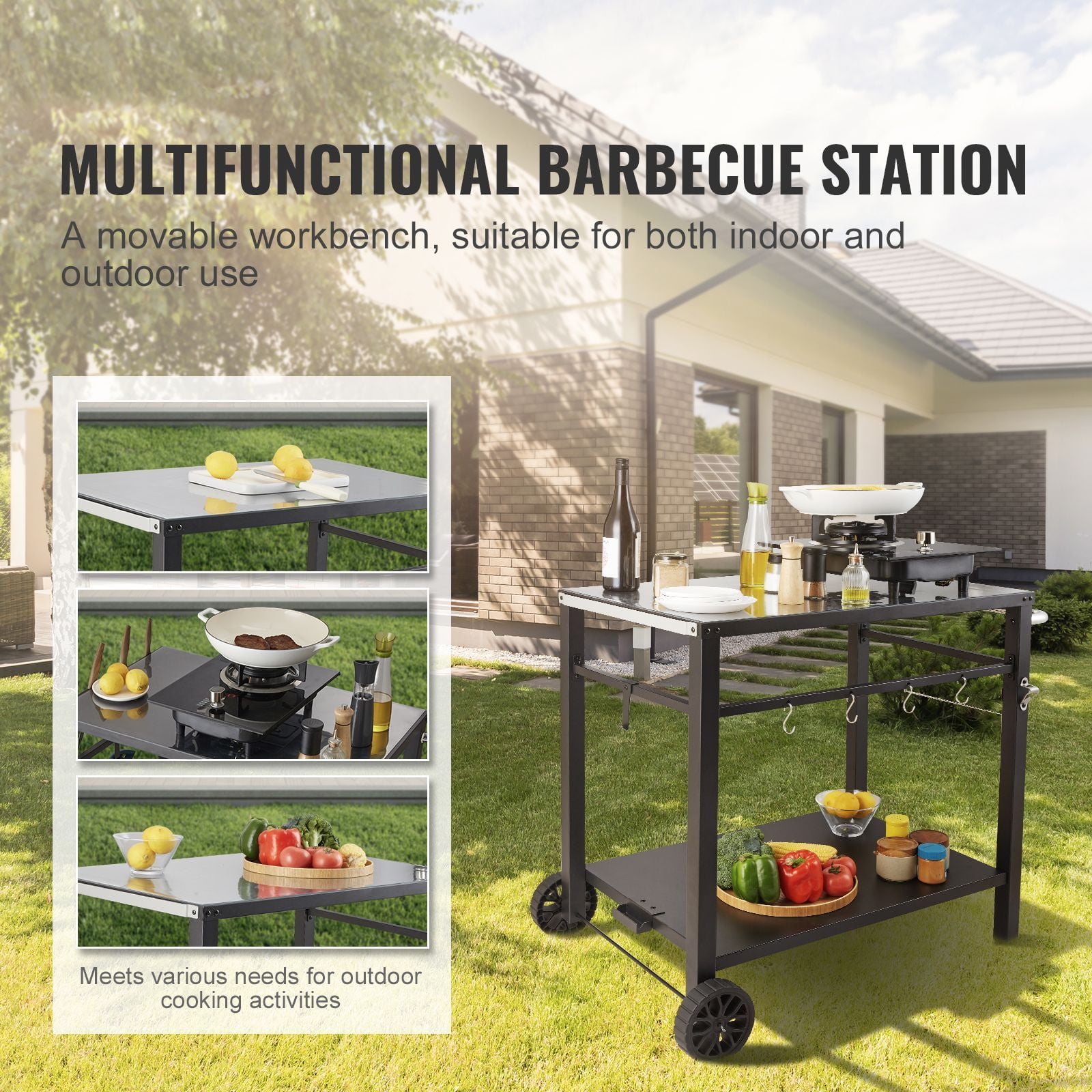 Portable BBQ Prep Cart with Double Shelves, Mobile Outdoor Kitchen Table for Grilling and Pizza Oven, Black Iron Utility Cart with Wheels and Handle