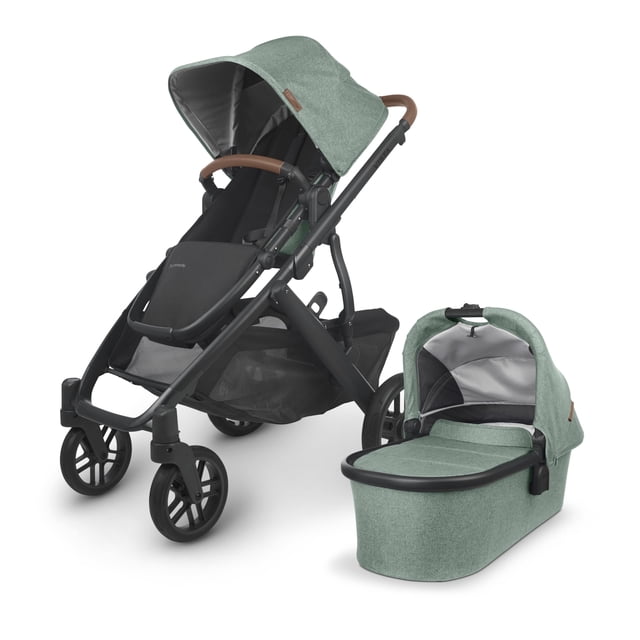 UPPAbaby Vista V2 Stroller/Convertible Single-to-Double System/Bassinet, Toddler Seat, Bug Shield, Rain Shield, and Storage Bag Included/Gwen (Green Mélange/Carbon Frame/Saddle Leather)