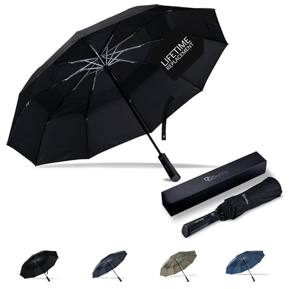 DryDay 44” Premium Umbrellas for Rain, Large Windproof Double Canopy Umbrella, 10 Aluminum Ribs, Sturdy Frame, Auto Open Close Unique Handle, Windproof & Waterproof Umbrella for Women & Men, Black