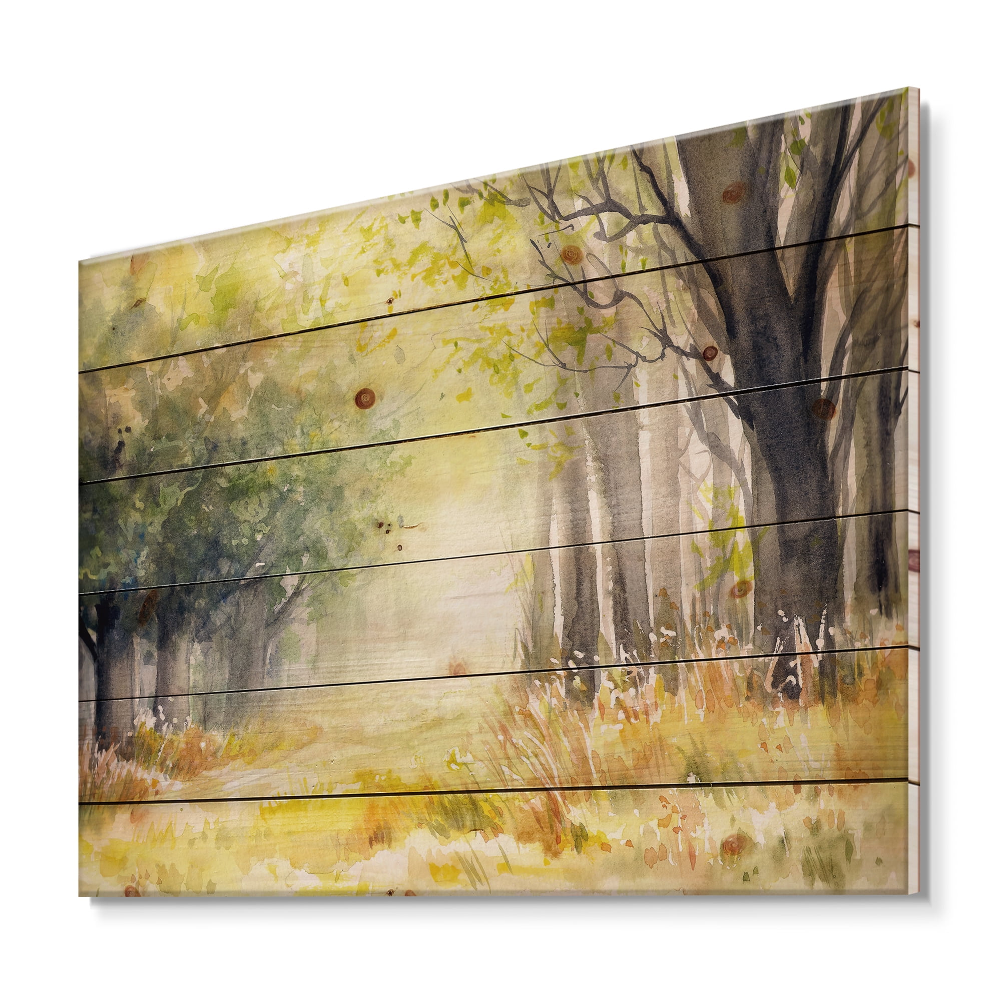 Designart 'Bright Sunshine Through The Yellow Forest Trees III' Traditional Print on Natural Pine Wood