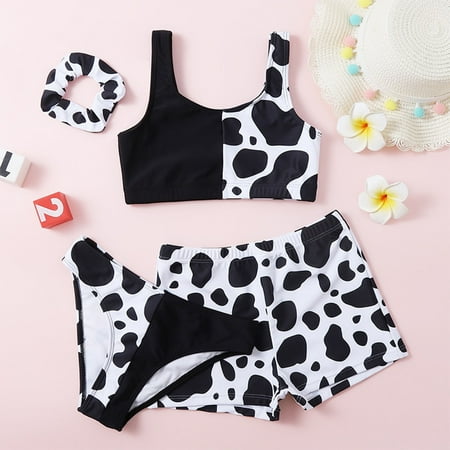 

Gubotare Kids Child Girls 4 Piece Swimsuits Bathing Suit Cow Print Bikini Tops Underpants Shorts Pant Hair Band Set Piece Black 10-12 Years