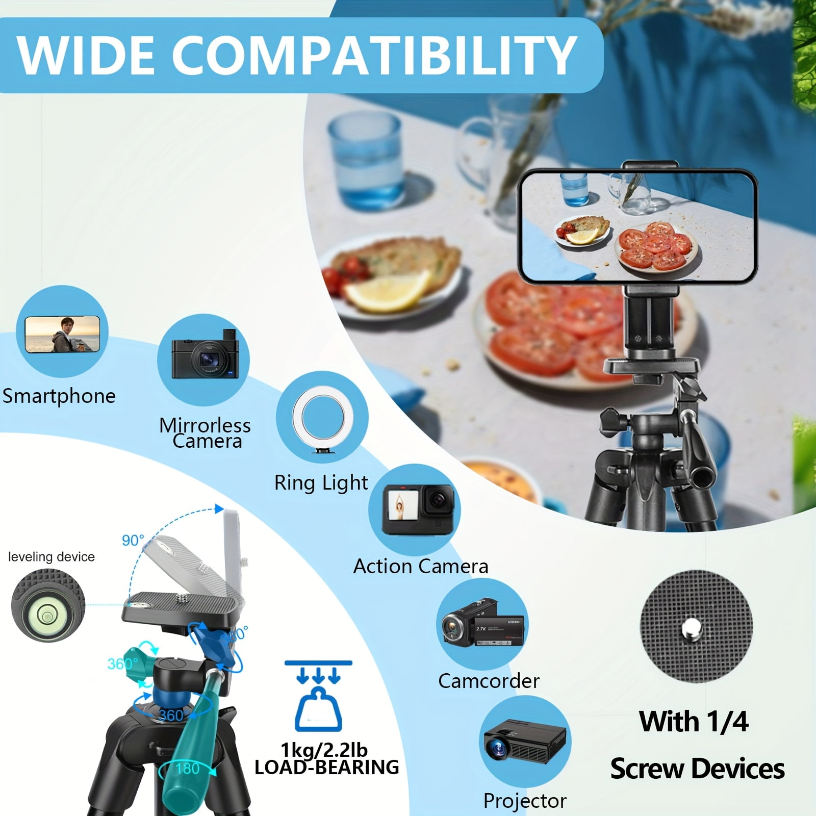 63" Aluminum Tripod with Wireless Remote, Compatible with Mirrorless/Mobile/Action Cameras for Video/Selfie/Live Streaming