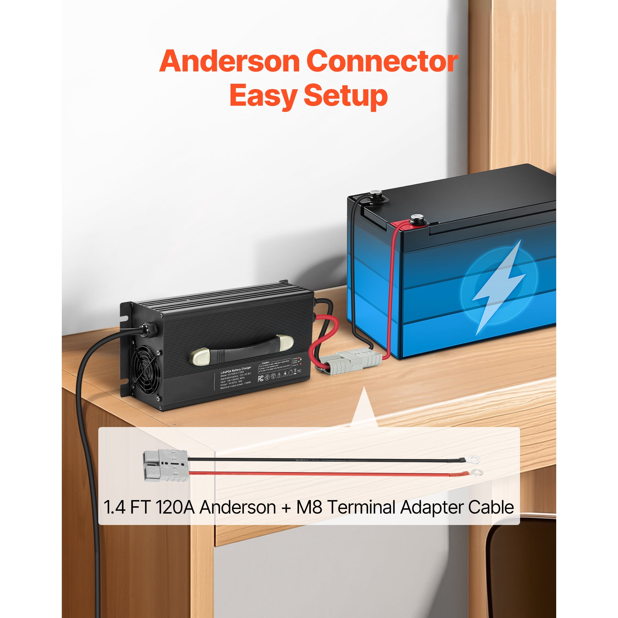 KFFKFF 12V 80A Lithium Battery Charger, 14.6V AC-DC LiFePO4 Smart Charger with Anderson Connector, LED Display, 0V Activation, Compatible with Lithium LiFePO4 Deep Cycle Batteries for Boats and RVs