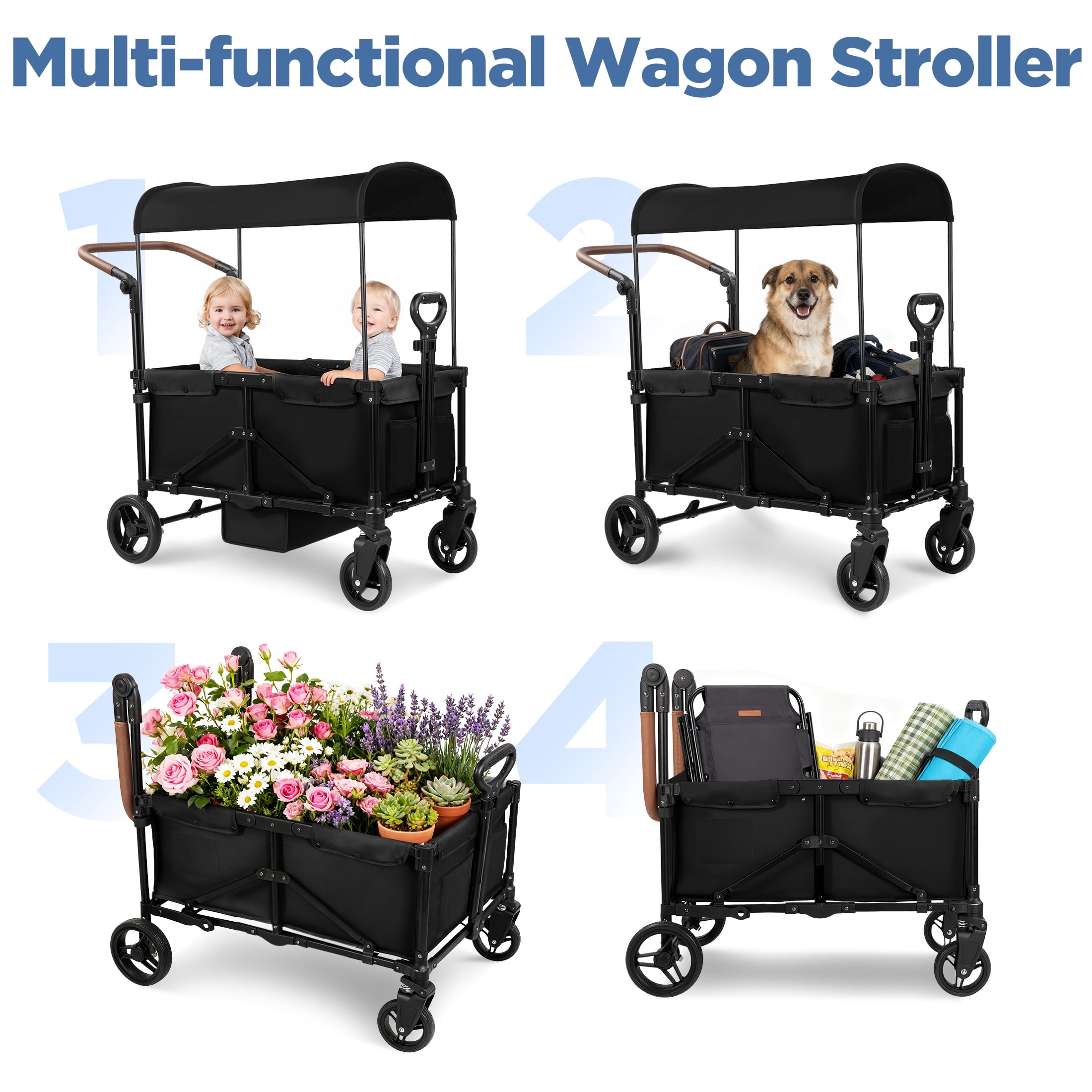Tripland Wagon Stroller for Kids, 2-Seater Outdoor Baby Stroller with Canopy,Pull & Push Handle,Black