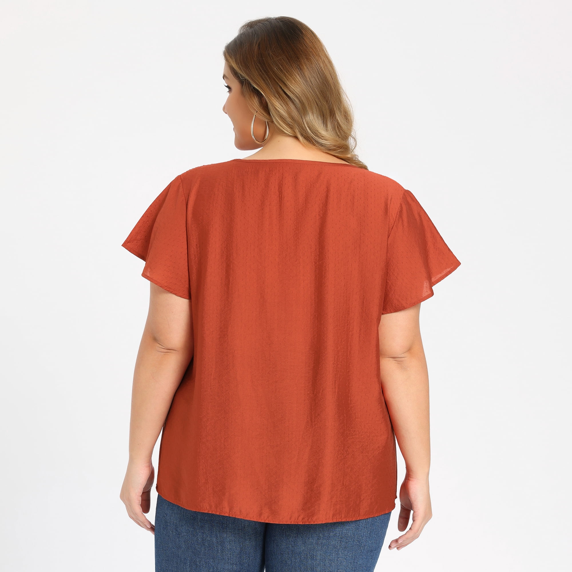 DARING DIVA Women's Plus V Neck and Ruffle Sleeve Casual Summer Wear 2X Orange Red