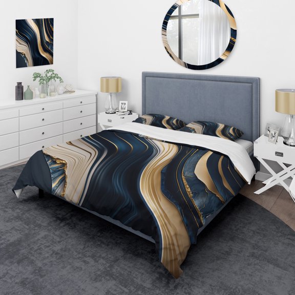 Designart "Waves of Blue and Gold Geode II" Abstract Bedding Covert Set - Modern Blue Bed Set With 2 Shams