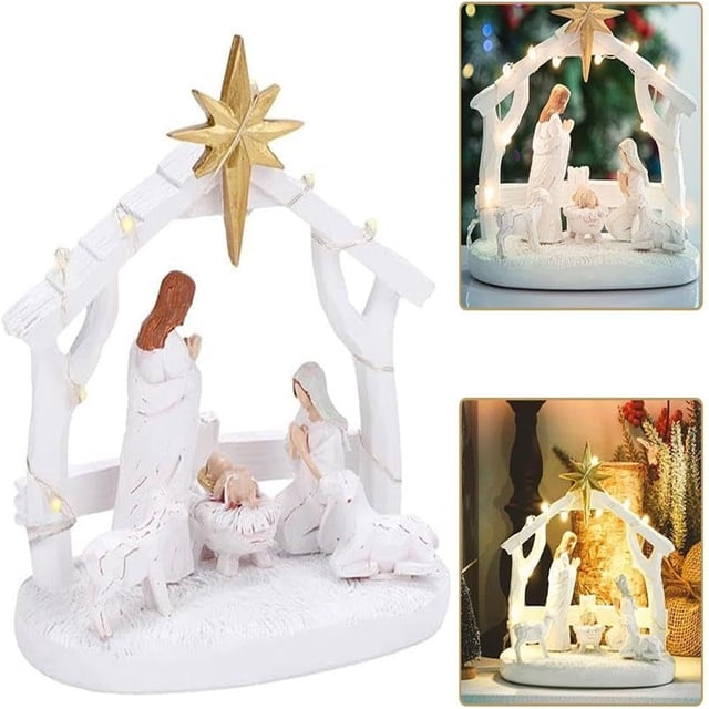 Desktop Ornament Scene With Lights Hand Painted Figurine Holy Family Manger Scene Sets For Christmas Indoor Tabletop Decorations