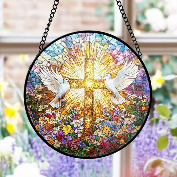 Christian Cross Stained Glass Suncatcher, Doves & Floral Window Decor, Religious Easter Gift, Inspirational Home Accent