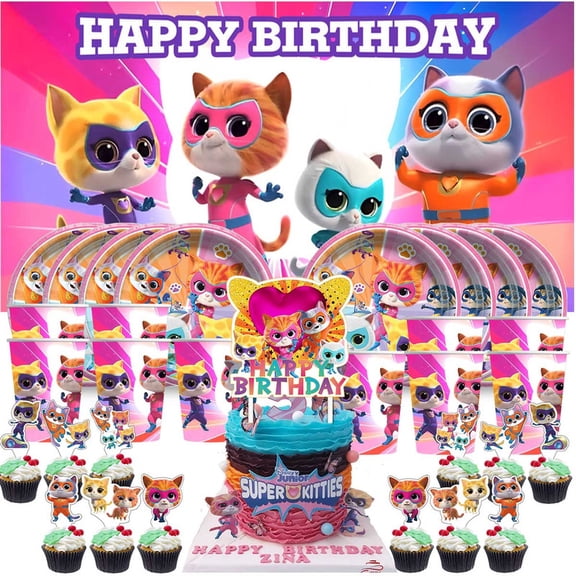 Super Kitties Birthday Cups Party Supplies Decor Backdrop Paper Plates Fans Decorations Banner