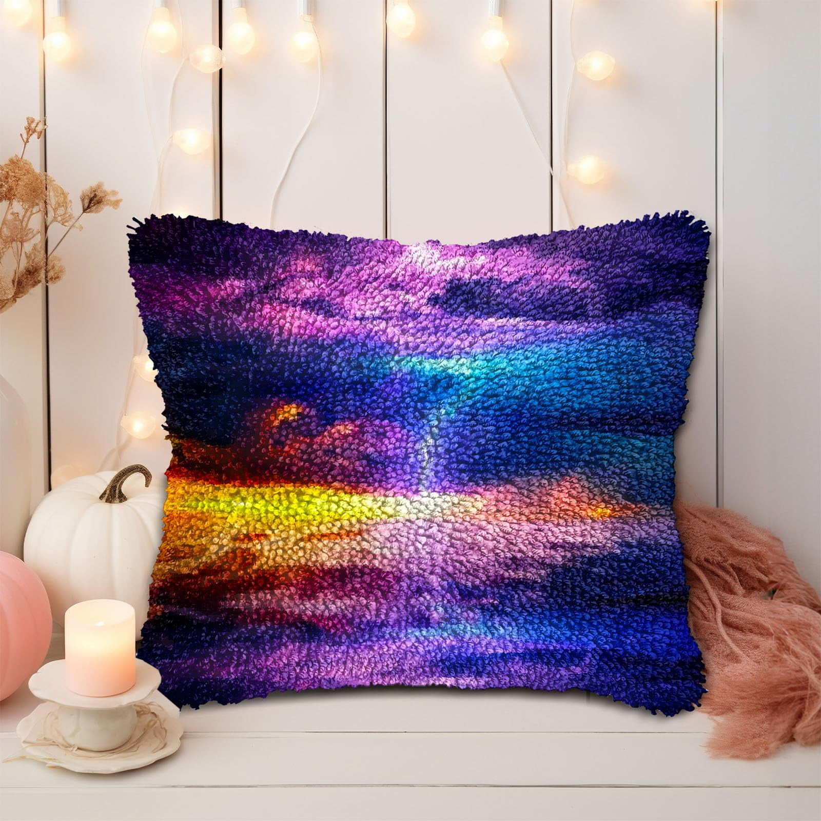 Colorful Sky Clouds Lightning DIY Latch Hook Pillow Kits for Adults Printed Pillowcase Crochet Yarns Hooking Handmade Pillow Cover Cushion for Home Sofa Decoration 17x17inch