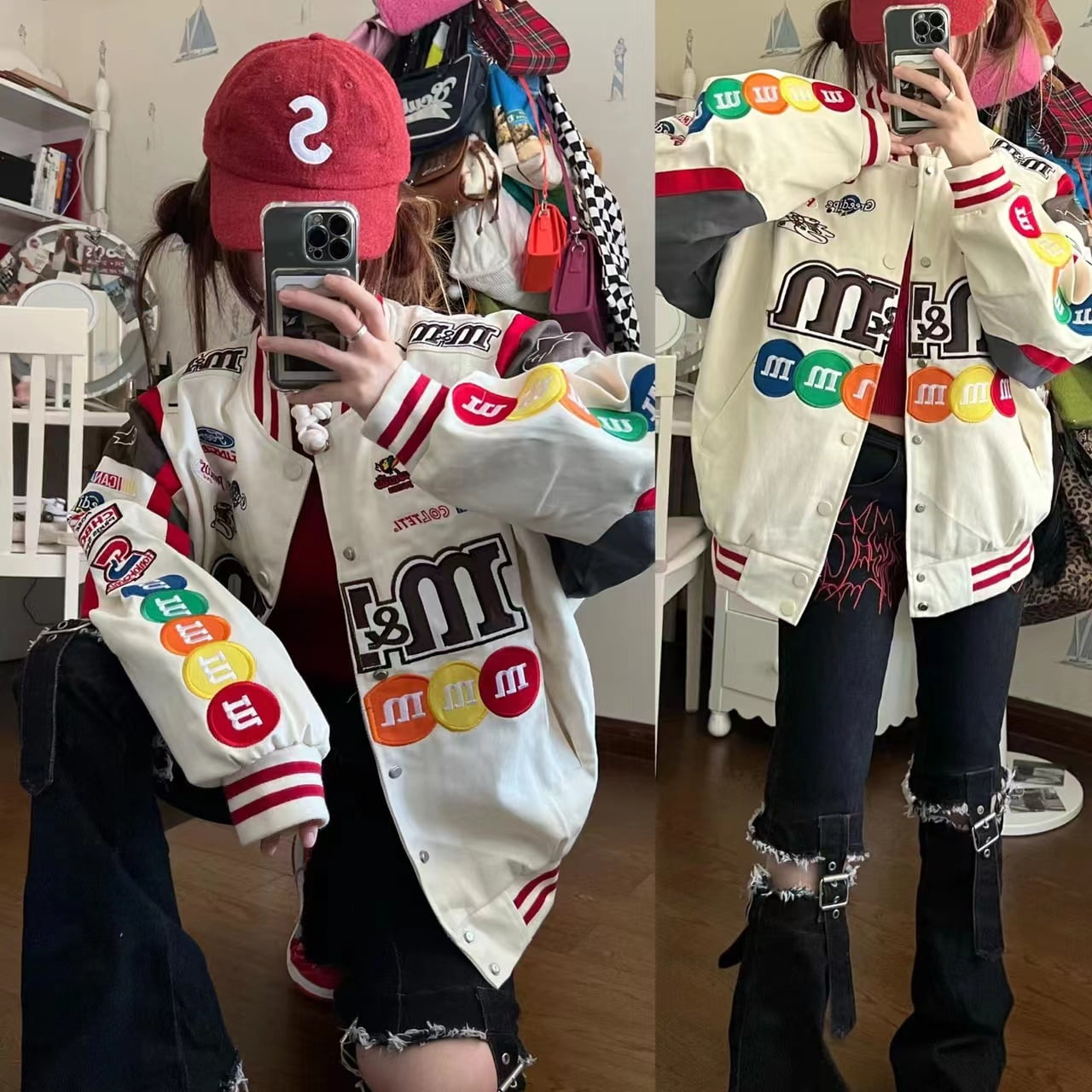 M&M Embroidered Bomber Jacket for Men & Women, Motorcycle