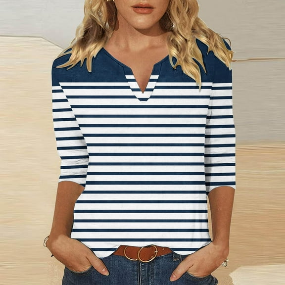Royisotas 3/4 Sleeve Tops for Women Plus Size Tshirt Casual Striped Navy Fall Womens Blouse V-Neck Loose Fit Comfy Tshirt