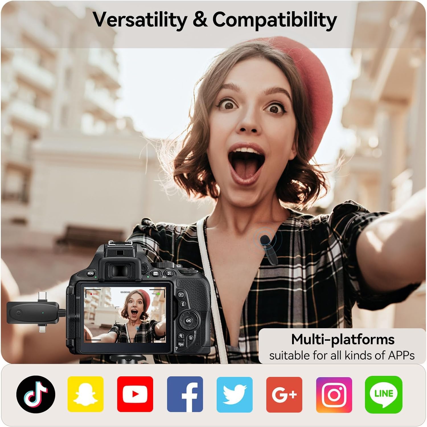 3 in 1 Wireless Lavalier Microphone for iPhone,Android,Camera and Laptop, 2.4G Ultra Low Delay Double Mini Microphone Lapel Mic with Noise Reduction for Video Recording