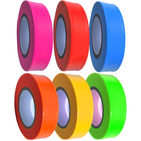 Assorted Colors Flagging Marking Survey Tape,Non-Adhesive,Hi-Vis 6 Rolls Plastic Ribbon Outdoor,Fade-Resistant for Surveyor Tree Hunting Trail Boundaries & Hazardous Areas Workplace(1" x600′)